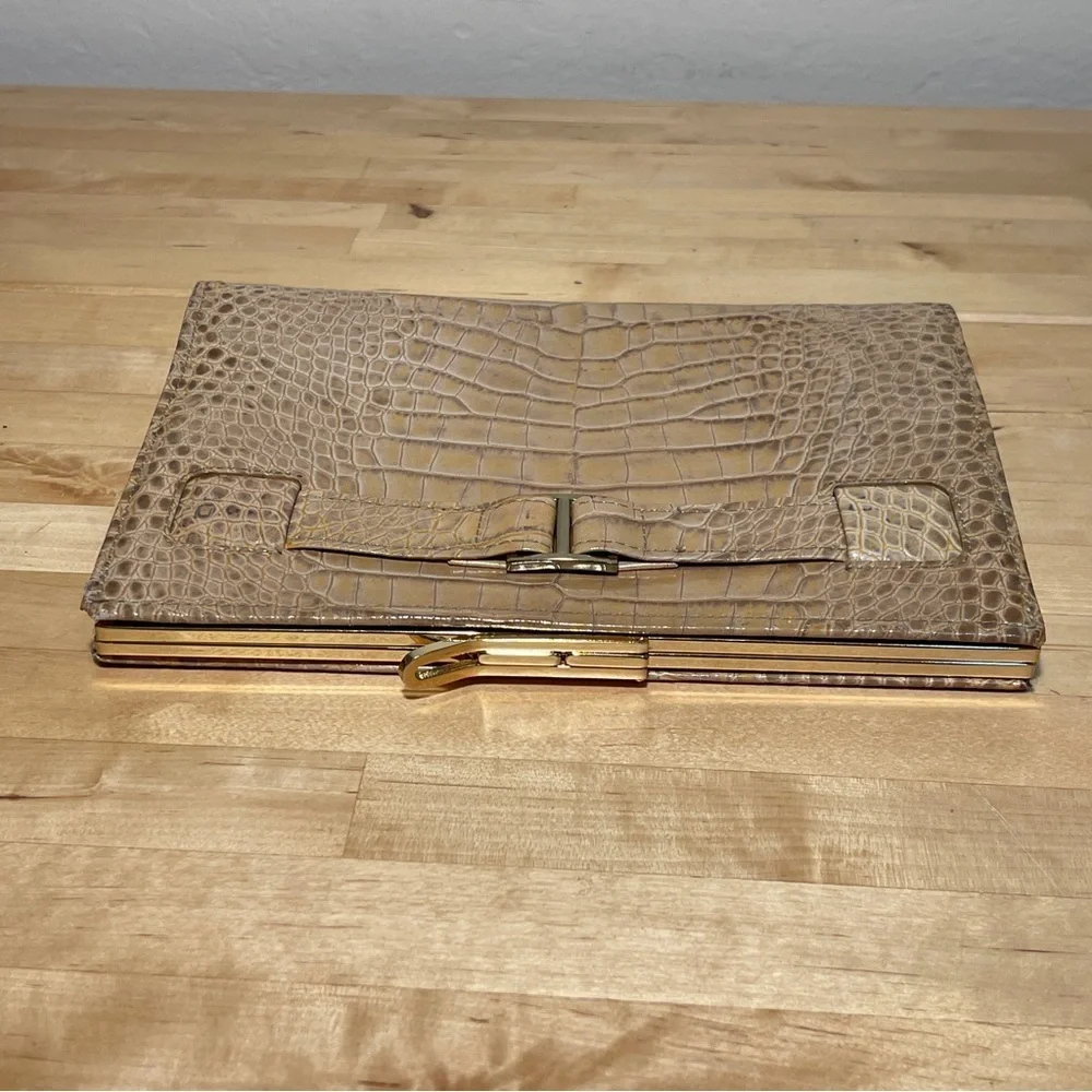 Abas Alligator Embossed Leather Frame Clutch Tan Croc Gold Clasp Evening Bag